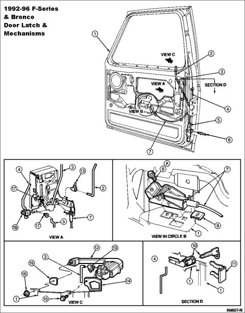 1992 Ford Bronco - Technical illustration detailing the door latch and mechanism components for Ford F-Series and Bronco models.