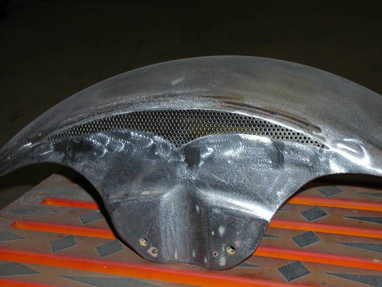 Bare metal custom motorcycle front fender with perforated mesh vent panel
