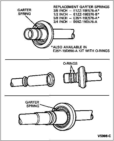 1992 Ford Bronco - Technical diagram illustrates various garter spring sizes and their associated part numbers.