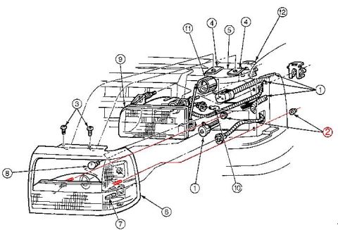 1992 Ford Bronco - Technical illustration details the components and wiring for a vehicle's front lighting system.