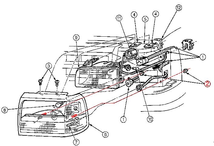 Exploded diagram of headlight and front lamp assembly with numbered callouts