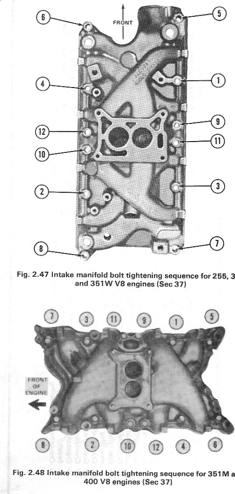 1992 Ford Bronco - Diagram illustrates the correct bolt tightening sequence for specific V8 engine intake manifolds.