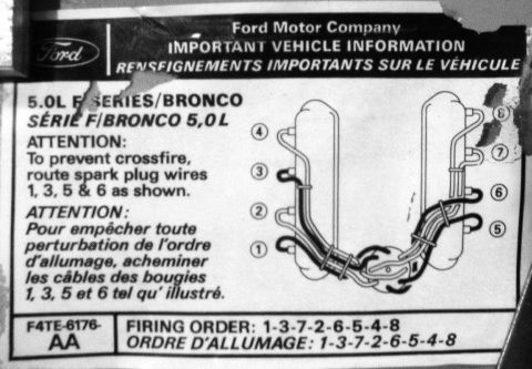 1992 Ford Bronco - Ford Motor Company document details spark plug wire routing for 5.0L F-Series/Bronco engines.