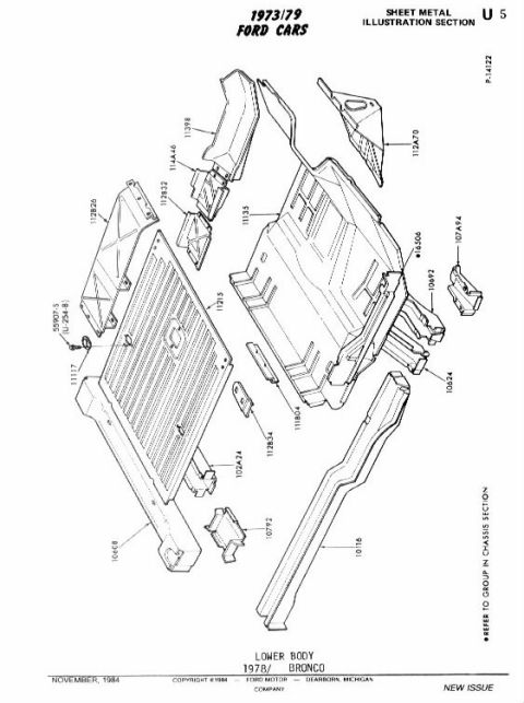 1992 Ford Bronco - Exploded view diagram shows sheet metal components for the lower body of 1973-1979 Ford cars.