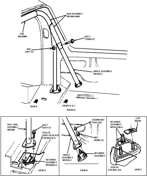 1992 Ford Bronco - Exploded view diagram details the installation of a roll bar assembly for a Bronco.