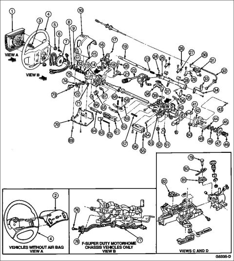 1992 Ford Bronco - This diagram illustrates steering column and chassis components, likely for a motorhome, with detailed callouts for various parts.
