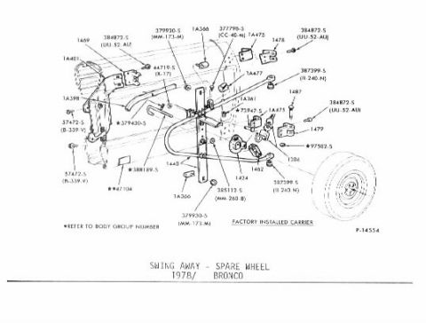 1992 Ford Bronco - This diagram illustrates the swing away spare tire carrier assembly for a 1978-1986 Bronco.