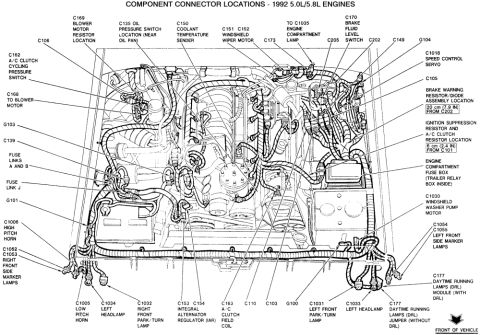 1992 Ford Bronco - Technical diagram illustrating the components of a vehicle's front suspension assembly.