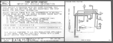 1992 Ford Bronco - This document provides important vehicle information and a vacuum hose routing diagram from Ford Motor Company.