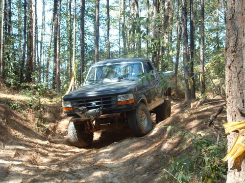 1993 Ford Bronco - This 1993 Ford Bronco is shown off-roading on a trail surrounded by trees.