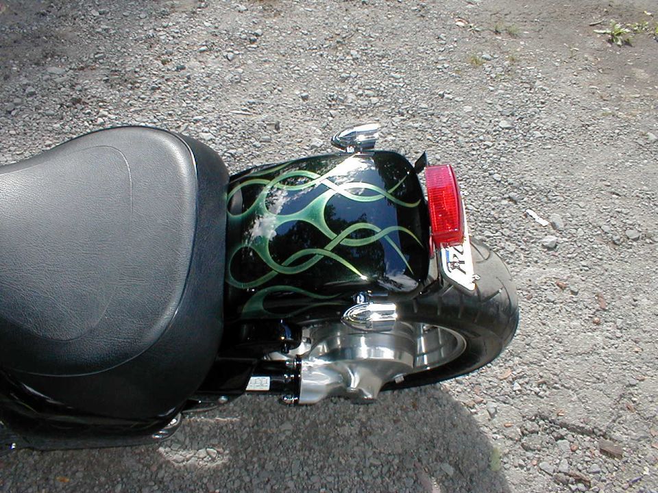 Black motorcycle fender with green flames, chrome accents, and a red taillight