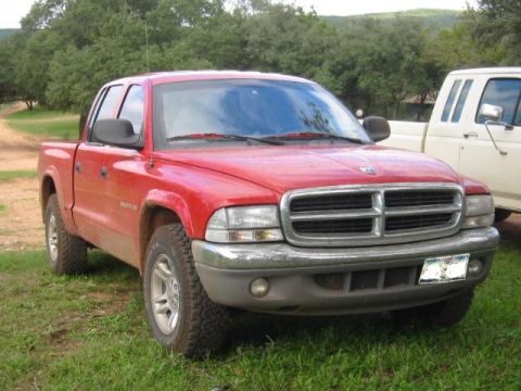 2002 Dodge Dakota - A red 2002 Dodge Dakota pickup truck is parked next to a white truck in a grassy area.
