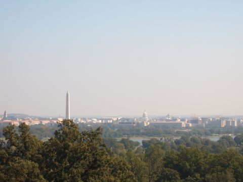 1988 Ford Bronco - A wide shot of the Washington D.C. skyline, the Washington Monument and the Capitol Building, seen through trees.