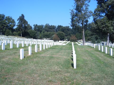 1988 Ford Bronco - A view of the headstones at Arlington National Cemetery, with trees in the background under a bright blue sky.