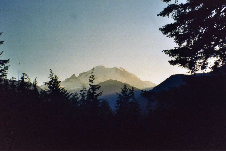 Mountain range with trees in foreground, sky is light blue fading to yellow near horizon