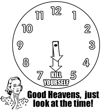 1995 Ford Bronco - A humorous image depicts a clock face with a message suggesting self-harm, accompanied by text commenting on the time.
