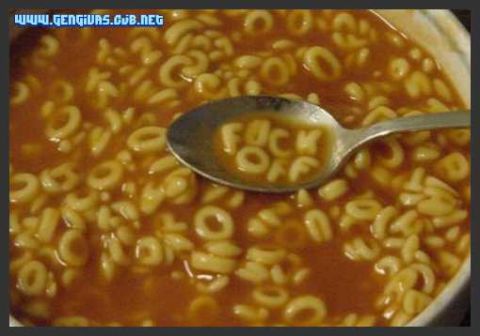 1995 Ford Bronco - A spoon in a bowl of alphabet soup spells out a rude message.