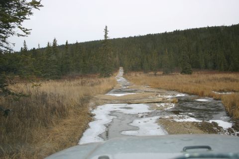 2003 Jeep TJ - Driving on a partially frozen dirt road through a wooded area with dry grass.
