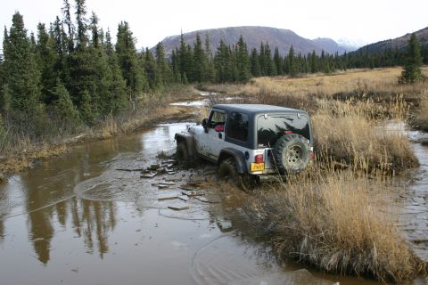 2003 Jeep TJ - A Jeep TJ navigates a muddy, shallow creek bed surrounded by trees and dry grass.