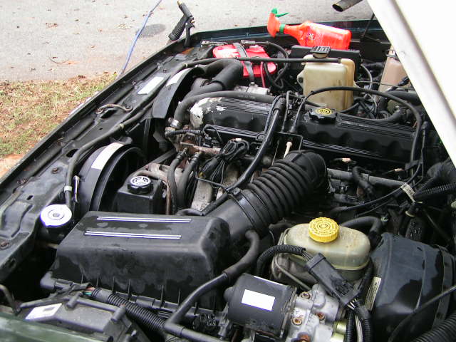 Engine bay with valve covers, air intake tube, brake master cylinder and orange spray bottle on cowl