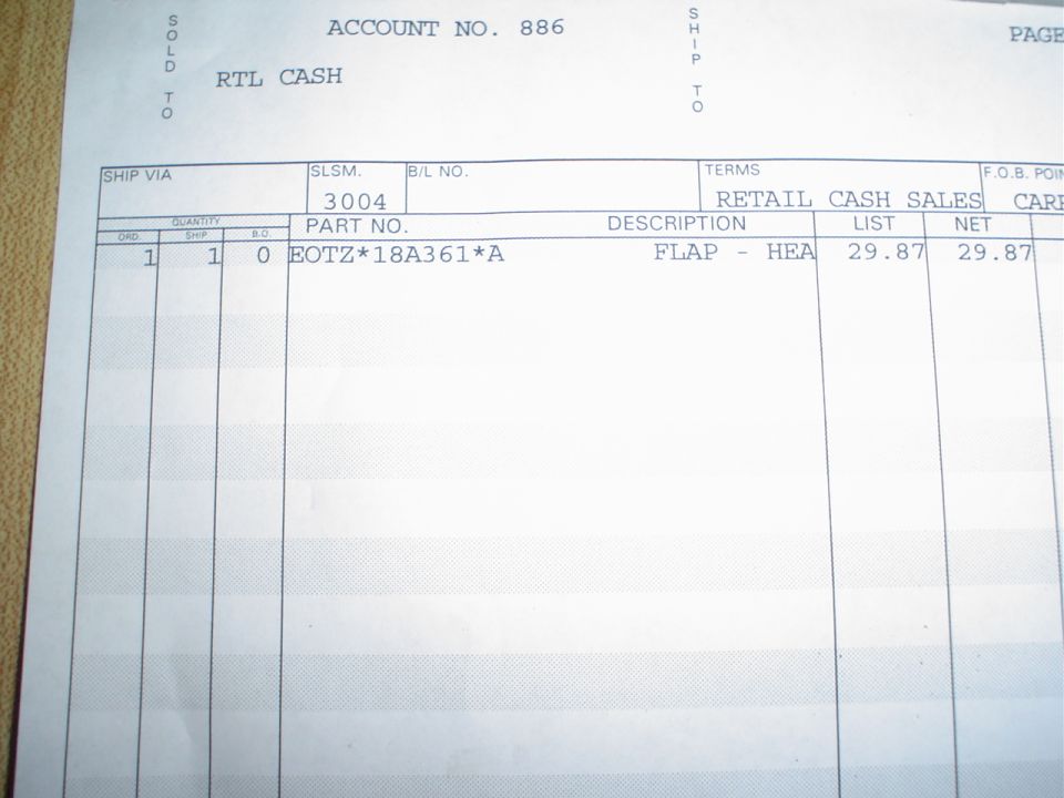 Invoice with part number EOTZ*18A361*A and description FLAP - HEA