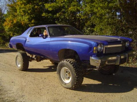 1979 Ford Bronco - This lifted coupe, likely a 1977 Chevrolet Monte Carlo, is shown off-road with large tires and a custom suspension.