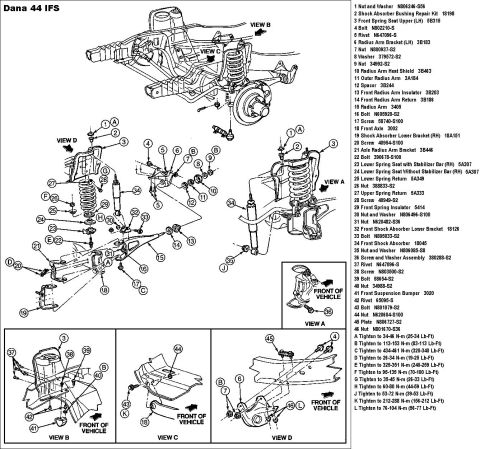 1983 Ford Bronco - Dana 44 IFSuspension (TTB), basically the same as the 2WD TIB. IF THE IMAGE IS TOO SMALL, click it. #1 & 28 are 1/2" #9, 17, 22, & 26…