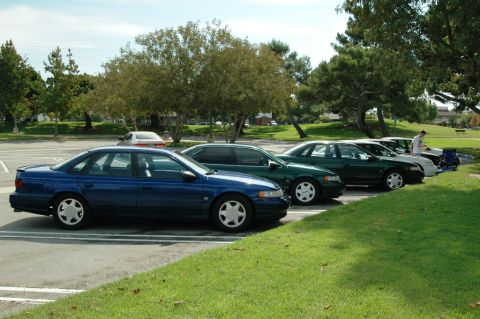 1991 Ford Taurus - A row of sedans, including a blue 1991 Ford Taurus, are parked in a lot on a sunny day.