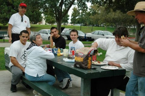 1991 Ford Taurus - A group of people enjoy a picnic in a park, with several cars visible in the background.