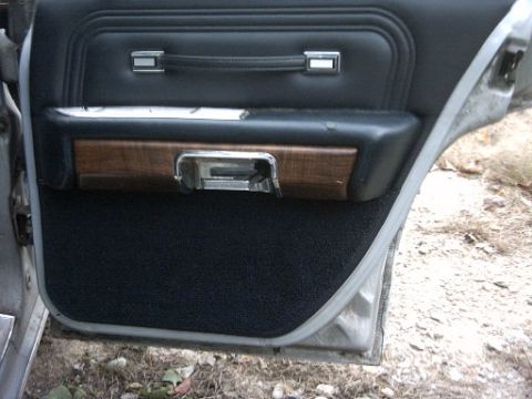 1991 Ford Crown Victoria LTD - Close-up of a car's interior door panel, wood grain trim and black carpeting.