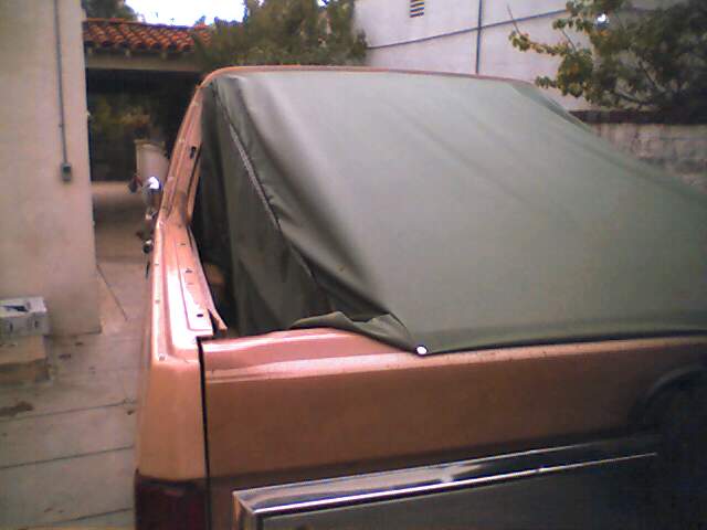 Tan SUV with green soft top cover, rear view