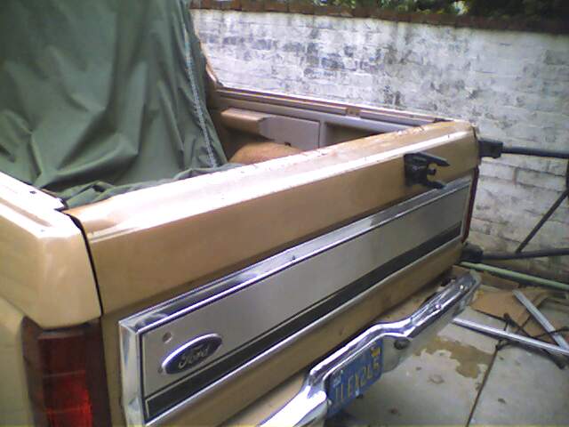 Rear of tan Ford pickup truck with chrome trim and a Ford logo. License plate visible