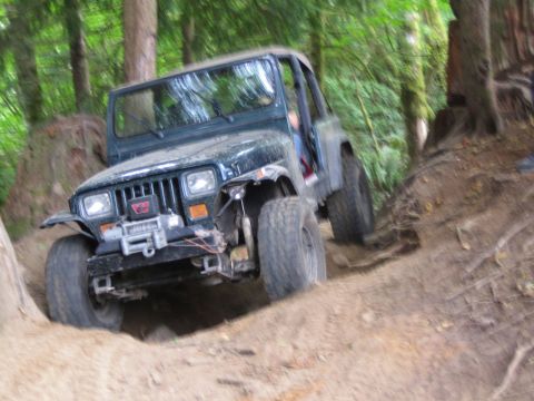 1990 Ford Bronco - A Jeep Wrangler navigates a steep, wooded trail with its front tires digging into the dirt.