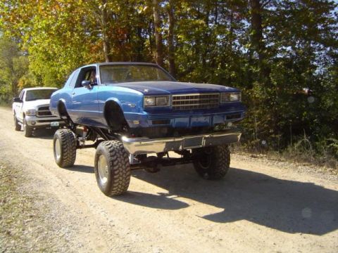 1979 Ford Bronco - A lifted blue car with oversized tires is seen on a dirt road, accompanied by a white pickup truck.
