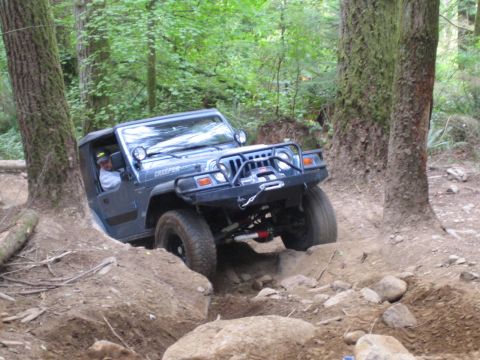 1990 Ford Bronco - A Jeep Wrangler tackles a challenging off-road obstacle in a forest setting.