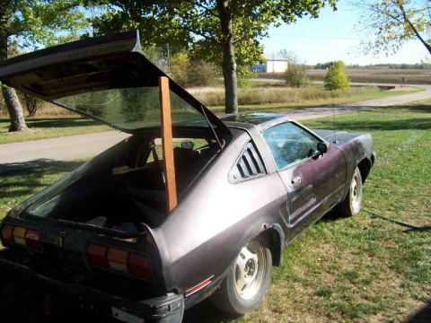 1978 Ford Mustang II - Rear view of a 1978 Ford Mustang II hatchback, parked outdoors with the hatch open.