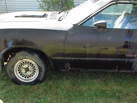 1978 Ford Mustang II - Side view of a 1978 Ford Mustang II, focusing on the front fender and door panel.