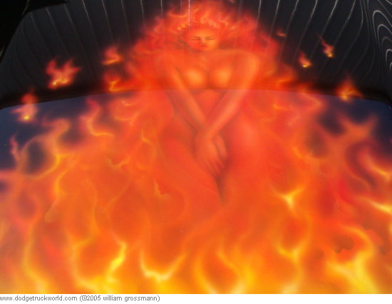 Hood airbrushed with flames and a woman; black background with pinstripes