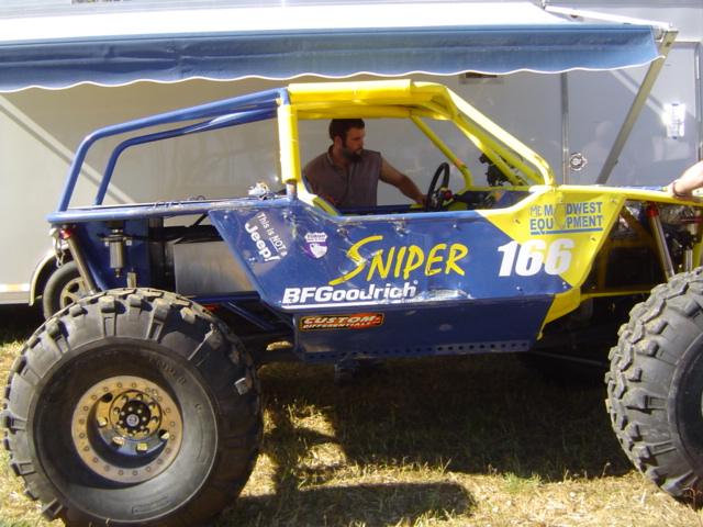 Yellow and blue custom buggy with "SNIPER 166" and "BFGoodrich" text