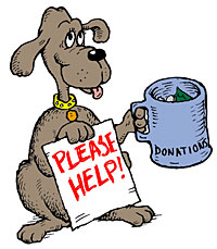 1968 Ford Mustang - A cartoon dog holds a mug labeled 'Donations' and a sign that reads 'Please Help!'