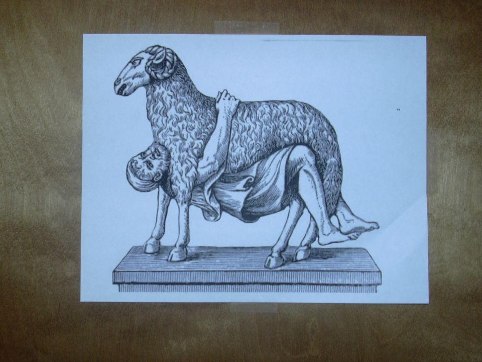 Drawing of a man riding a ram on a pedestal