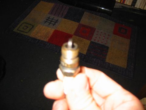 1997 Ford Crown Victoria - A spark plug is shown in a hand, with a patterned rug visible behind it.