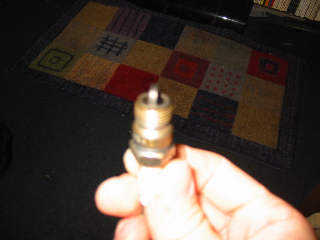 Spark plug held in hand, with a colorful rug in the background