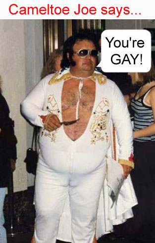 1991 Ford Bronco - A man dressed as Elvis Presley is shown with a speech bubble that reads 'You're GAY!'.
