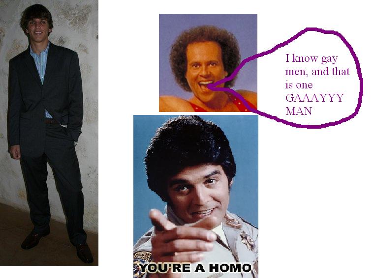 Collage with a man in a suit, a man with an afro, and a man in a sheriff uniform pointing. Text bubble says 'I know gay men, and that is one GAAAYYY MAN'. Sheriff uniform has 'YOU'RE A HOMO' text