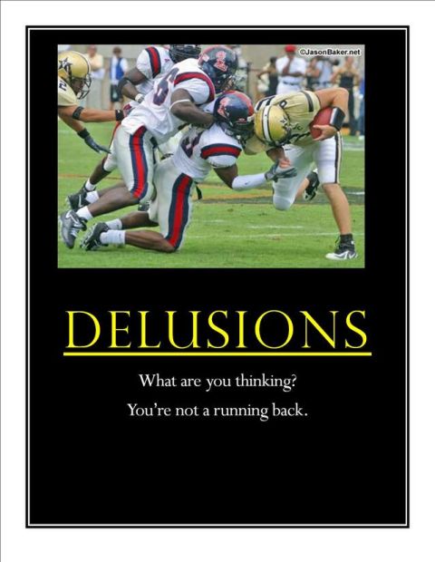 1996 Ford Mustang - A football game is depicted with players engaged in a tackle, accompanied by text about delusions.