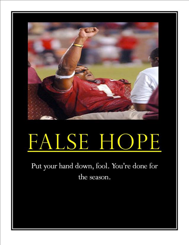 Football player in red jersey with arm raised, text says "FALSE HOPE"