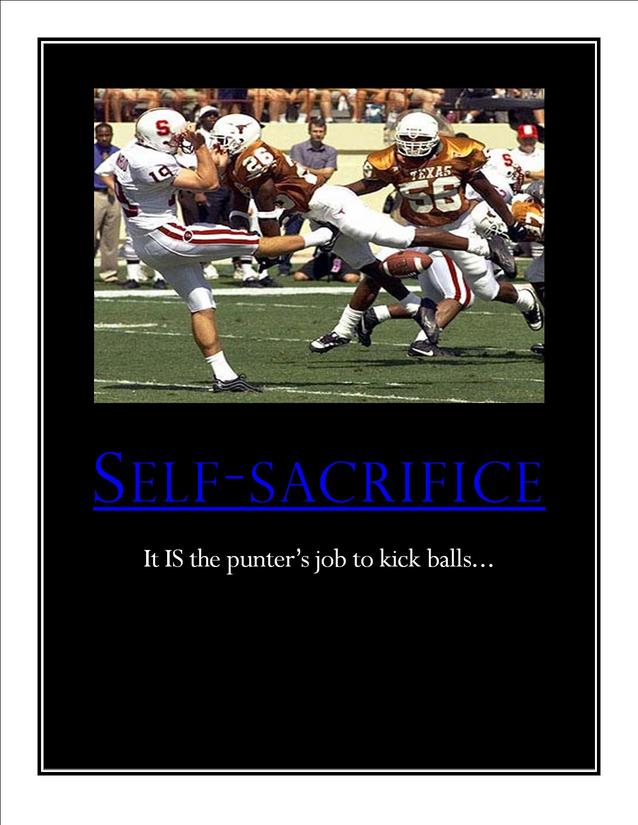 Football players in action on a field, with text "SELF-SACRIFICE" above