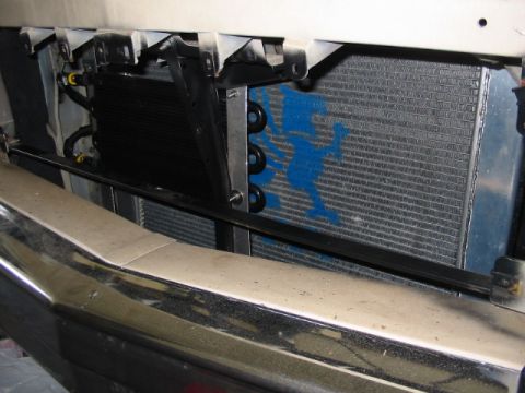 1985 Ford Crown Victoria LTD - Close-up of an engine oil cooler assembly, showing its placement in front of the radiator.