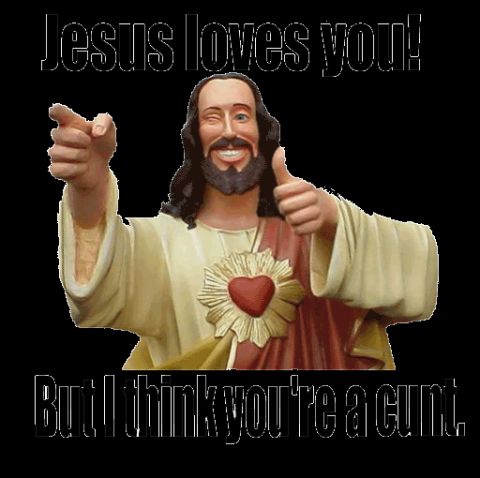 1968 Ford Mustang - A statue of Jesus is depicted with a humorous and offensive message overlayed on the image.